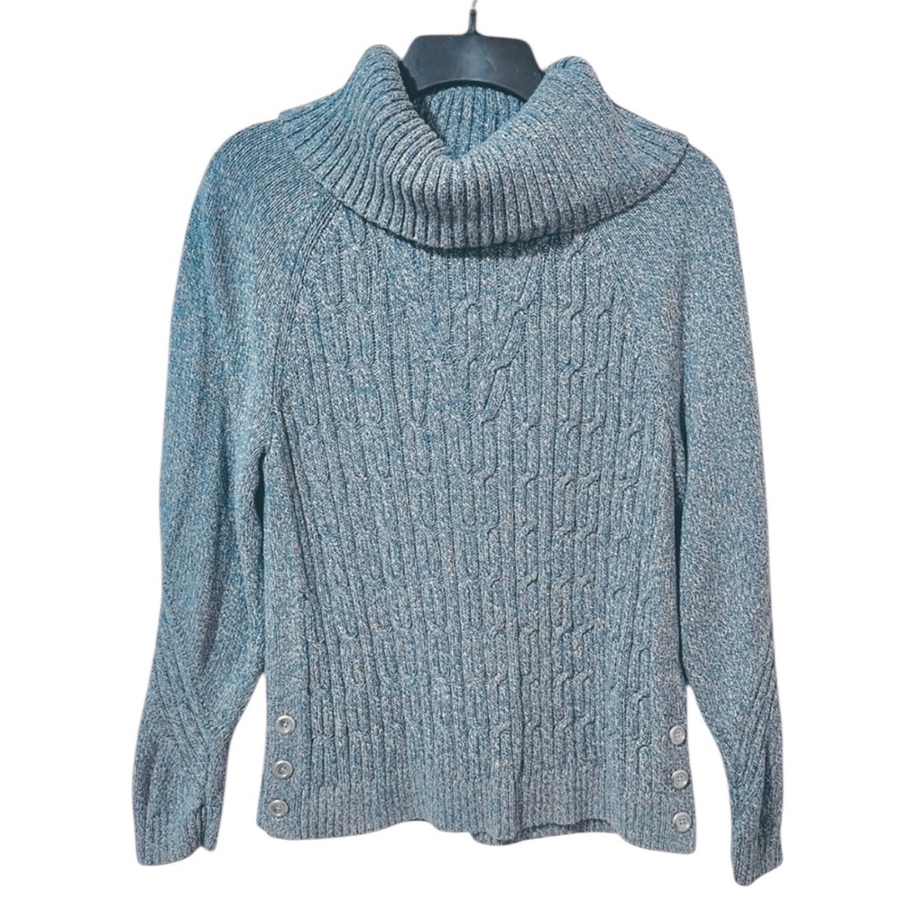 TALBOTS blue tan/white heathered turtleneck 100% cotton sweater size Large P